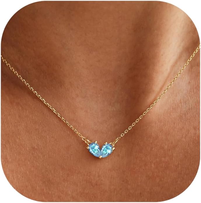 KOHOTA Gold Birthstone Necklace for Women Non Tarnish 14K Gold Plated CZ Heart Pendant Necklaces Dainty 2 Birthstones Emerald Green Charm Necklace for Mother and Daughter Birthday Jewelry Gifts