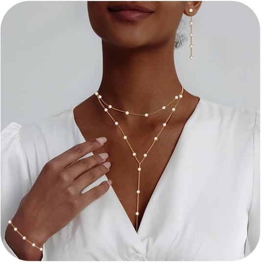 Lariat Gold Necklace for Women, Dainty Long Necklace 14k Gold Plated/Silver Y-Shaped Layered Beaded Chain Drop Necklaces for Women Trendy Simple Gold Jewelry for Women Gifts