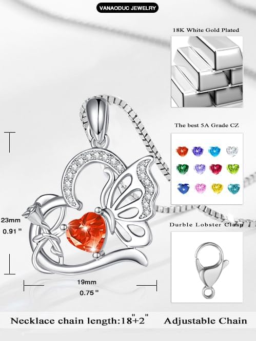 Birthstone Heart butterfly Necklace for Women, Infinity Pendant 14K Gold /18K White Gold Womens Necklaces, Jewelry Anniversary Birthday Christmas Gifts for Her Mom Wife﻿