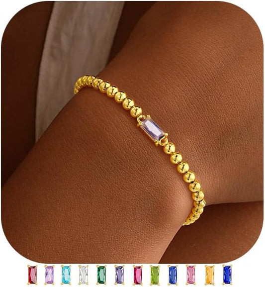 Yoosteel Dainty Birthstone Bracelet for Women - Elastic 14K-Gold-Plated Bead Bracelets Trendy Friendship Birthday Jewelry Gifts Christmas Stocking Stuffer for Women
