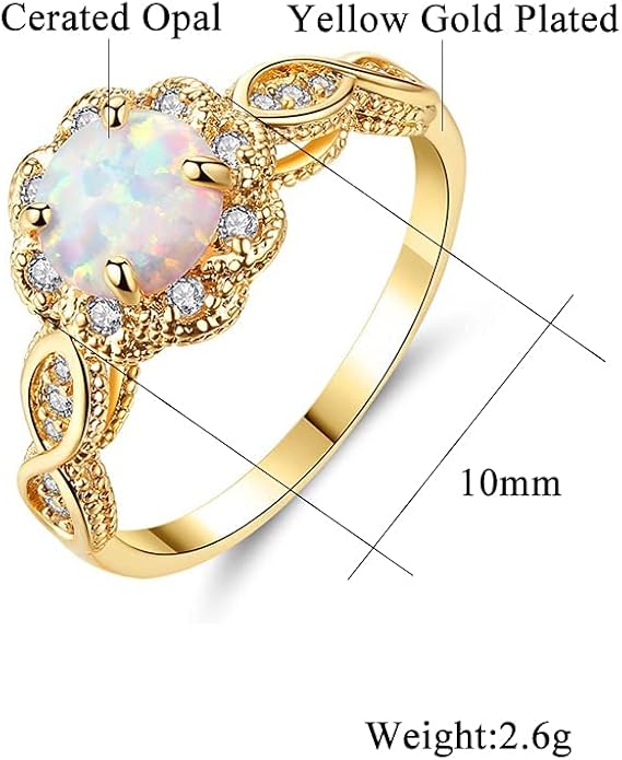 CiNily 18K Gold Plated Opal Ring-White Fire Opal & Amethyst & Cubic Zirconia Women Jewelry Gemstone Engagement Anniversary Ring Size 5-13