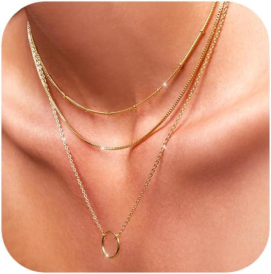 Gold Layered Necklaces for Women 14k Gold Plated Dainty Stackable Choker Necklaces for Women Trendy Layering Chain Cute Pendant Necklace Set Gold Jewelry for Women