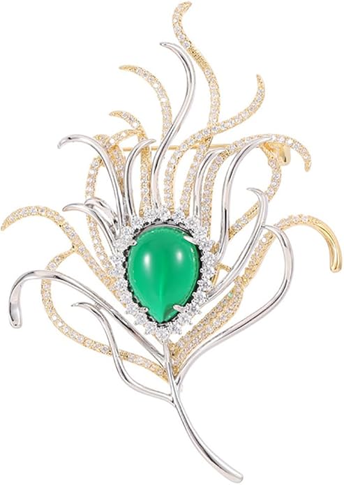 14K Gold Feather Brooch Pin with Moissanite Inlay - Elegant Coat and Suit Accessory for Women, Fashionable Business Attire Enhancement