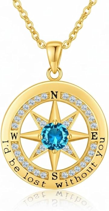 Compass Necklace for Women Wife Girlfriend Mom Daughter Gifts S925 Silver Jewelry For Anniversary Rose Gold Gifts For Birthday Christmas Mothers Valentines Day 12 Birthstones