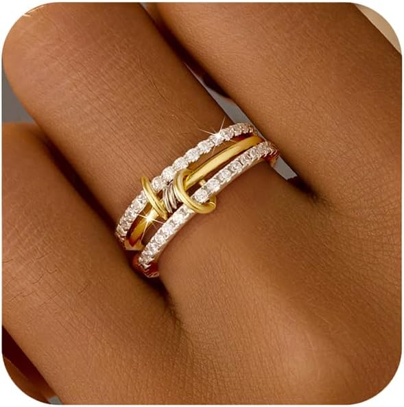 SUYACS 14K Gold Plated Interlocked Stackable Rings for Women Non Tarnish 925 Sterling Silver Mixed Metals Multi Statement Stack Ring Two Tone Connected Bands CZ Thumb Ring Jewelry Gifts
