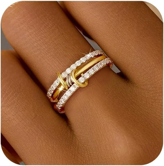 SUYACS 14K Gold Plated Interlocked Stackable Rings for Women Non Tarnish 925 Sterling Silver Mixed Metals Multi Statement Stack Ring Two Tone Connected Bands CZ Thumb Ring Jewelry Gifts