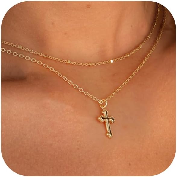 Cross Necklace for Women 14K Gold Silver Plated Dainty Small Cross Pendant Choker Simple Trendy Cute Cross Charm Chain Necklace Easter Basket Stuffers Baptism Religious Faith Jewelry Gift