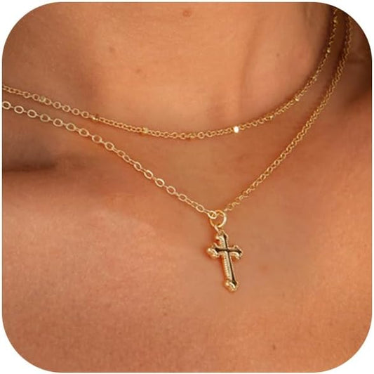 Cross Necklace for Women 14K Gold Silver Plated Dainty Small Cross Pendant Choker Simple Trendy Cute Cross Charm Chain Necklace Easter Basket Stuffers Baptism Religious Faith Jewelry Gift