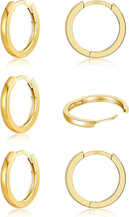 3 Pairs 925 Sterling Silver Hoop Earrings 14K White Gold Plated Small Silver Hoops Cartilage Huggie Earrings for Women Men