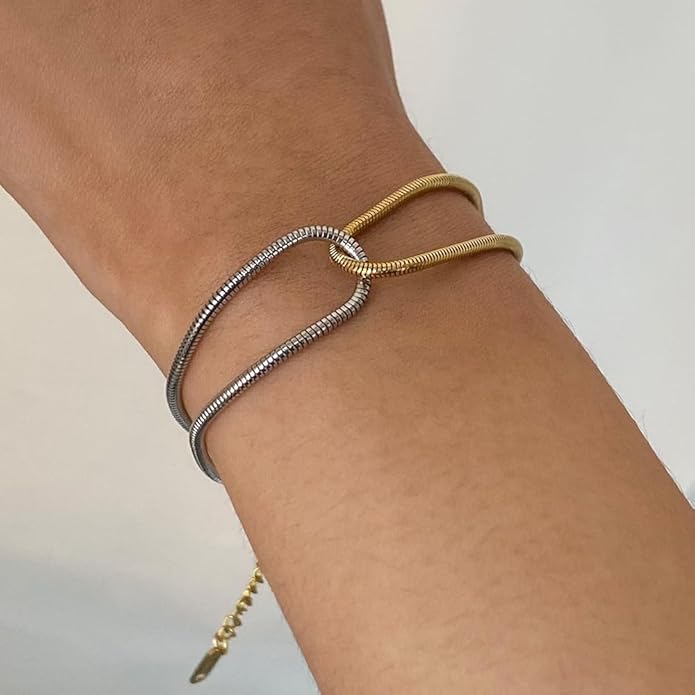 Cryinsun 18K PVD Gold Silver Waterproof Two Tone Twisted Circle Link Chain Bracelet for Women,Snake Chain Link Bracelets Dual Color Mixed Chain Bracelets Jewelry Gifts