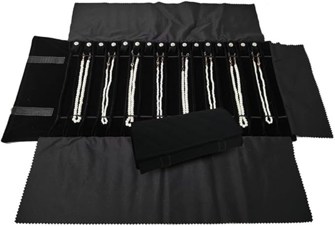 SCIKHEFT Portable Jewelry Roll Untangled Secure Necklace Travel Storage Bag Displays Holder 16 Chain (Black Diamond)