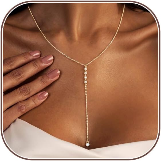 Lariat Gold Necklace for Women, Dainty Long Necklace 14k Gold Plated/Silver Y-Shaped Layered Beaded Chain Drop Necklaces for Women Trendy Simple Gold Jewelry for Women Gifts
