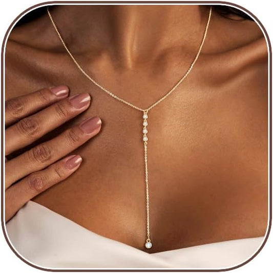 Lariat Gold Necklace for Women, Dainty Long Necklace 14k Gold Plated/Silver Y-Shaped Layered Beaded Chain Drop Necklaces for Women Trendy Simple Gold Jewelry for Women Gifts