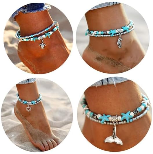 Starain Blue Turtle Anklets for Women Multilayer Beads Handmade Beach Ankle Bracelet Set Boho Foot Jewelry