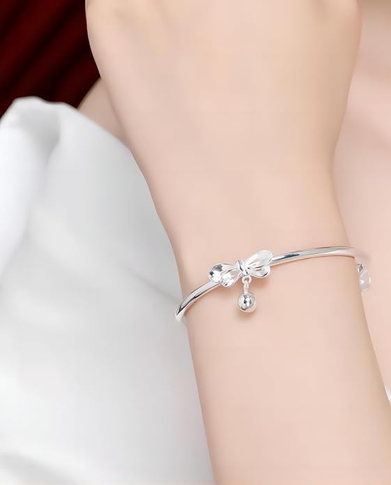 S925 Silver Bangle Bracelet for Women, Elegant Women‘s Sterling Silver Bracelet Bangle Adjustable 6.4-7.8 inches Small Size