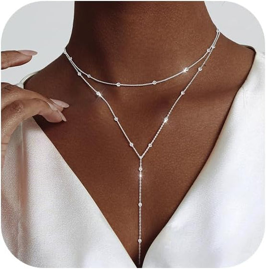 Luxval Lariat Silver Necklace for Women, Dainty Long Necklace Silver Y-Shaped Pendant Necklaces Trendy Beaded Chain Drop Necklaces Jewelry for Women Gifts