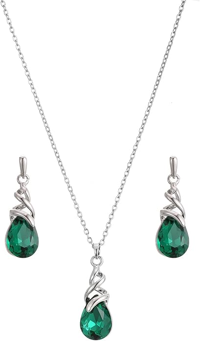 RUOFFETA Teardrop Crystal Jewelry Set, Birthstone Pendant Necklace Drop Dangle Earrings for Women