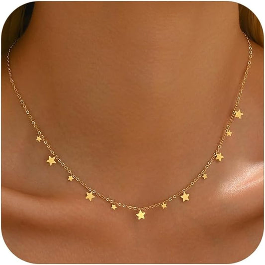 Gold Chain Necklace for Women 18K Gold Plated Stainless Steel Necklace Dainty Star Cross Heart Choker Chains Simple Delicate Minimalist Trendy Jewelry
