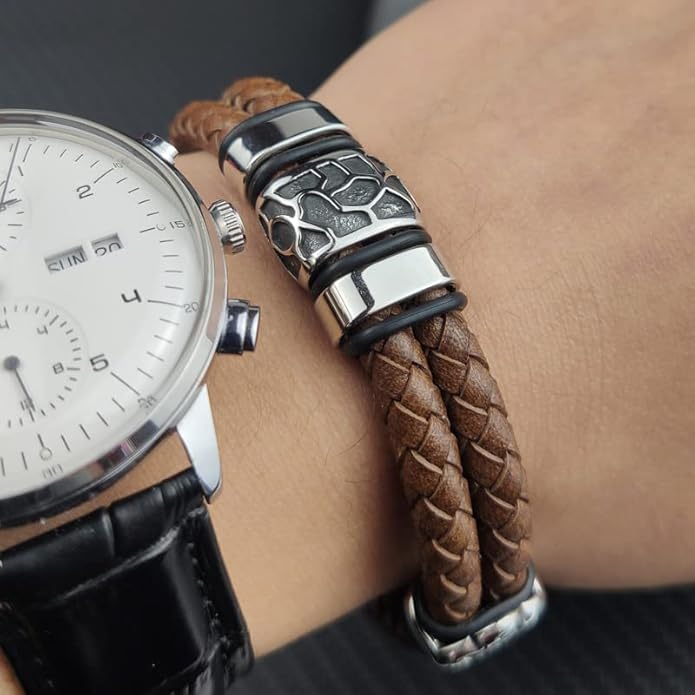 Mens Leather Bracelet Premium Leather Braided Bracelet Stainless Steel Jewelry Gift Accessories Men's Bracelet