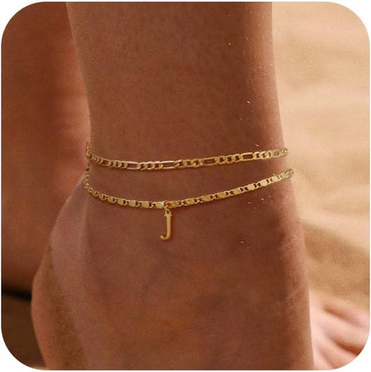Tasiso Initial Ankle Bracelets for Women，Layered Waterproof Anklet for Women 14K Gold Filled Anklets Layering Thin Figaro Letter Anklet Summer Jewelry Gifts for Women
