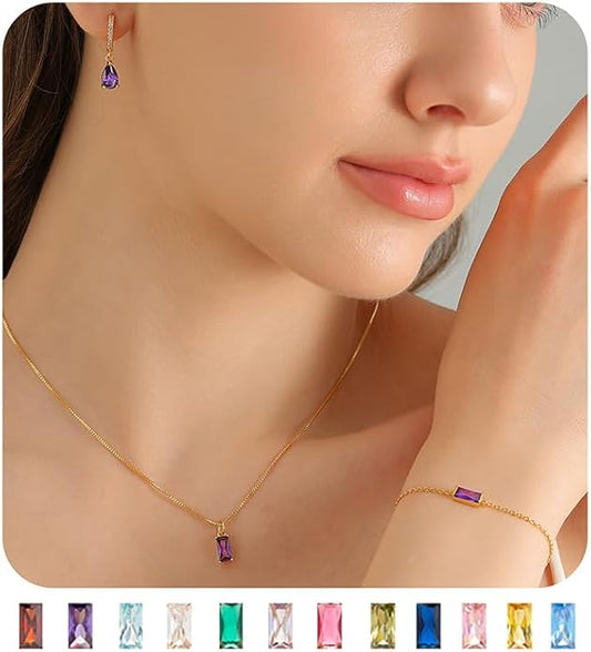 Birthstone 14K Gold Plated Bracelets Earrings Necklaces Jewelry Set， Blue Green May Cubic Zirconia，Friendship Bracelets Jewelry Gifts for Mom Best Friend Birthday