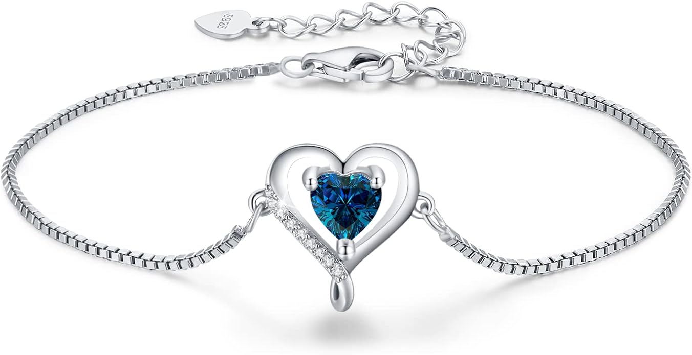 LAVUMO Love Heart Bracelets for Women 925 Silver Charm Birthstone Bracelet Adjustable Anniversary Birthday Jewelry Gifts for Women Girlfriend Wife Daughter Mom Her