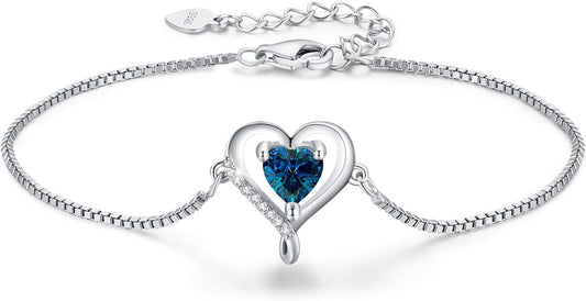 LAVUMO Love Heart Bracelets for Women 925 Silver Charm Birthstone Bracelet Adjustable Anniversary Birthday Jewelry Gifts for Women Girlfriend Wife Daughter Mom Her