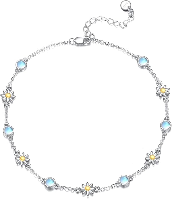 CRMAD 925 Sterling Silver Daisy/Sunflower Moonstone Anklet Daisy Flower Ankle Bracelet for Women Beach Dainty Jewelry