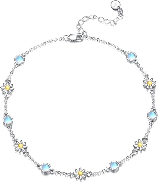 CRMAD 925 Sterling Silver Daisy/Sunflower Moonstone Anklet Daisy Flower Ankle Bracelet for Women Beach Dainty Jewelry
