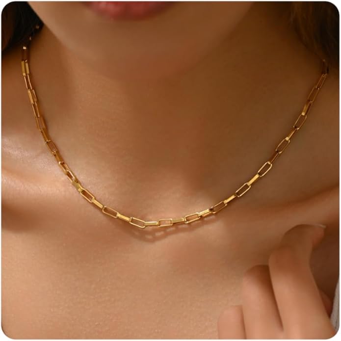 Dainty Chain Necklace for Women, 18K Gold Plated Coin Disc Choker Necklaces Simple Satellite Beaded Twisted Thin Paper Clip Chain Everyday Jewelry Gifts