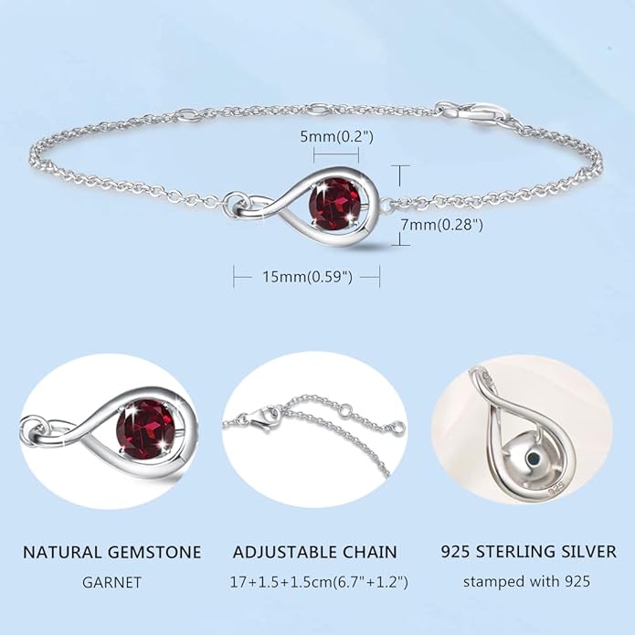 FANCIME Love Bracelet 925 Sterling Silver Infinity Birthstone Bracelets for Women Fine Jewelry Birthday Christmas Gifts for Her Mom Wife, Chain Length 6.7"+1.2" Extend