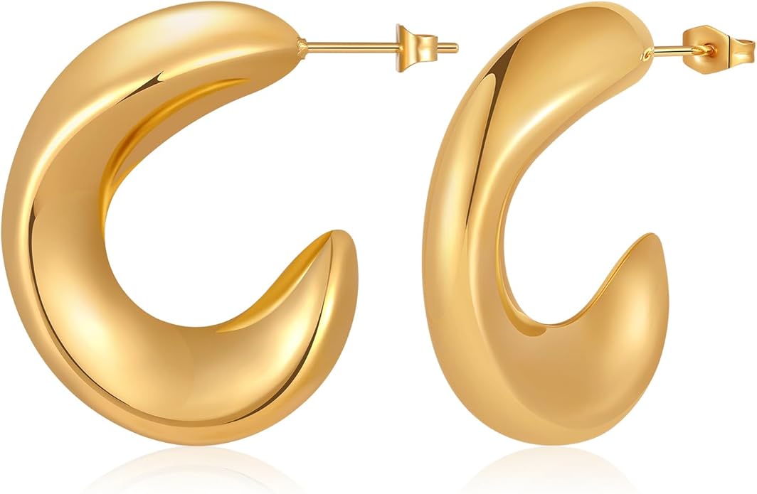 8YEARS Chunky Gold Hoop Earring for Women, 18K Gold Plated Lightweight Thick Hoops, Hypoallergenic Trendy Jewelry for Gift