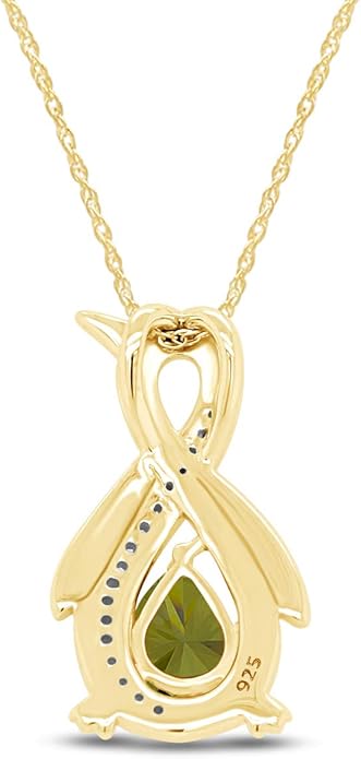 Infinity Penguin Pendant Necklace for Women, 14K Gold Over Sterling Silver with Pear & Round Cut Simulated Birthstone & White Diamond Accents, Dainty Animal Jewelry Gift with 18" Chain