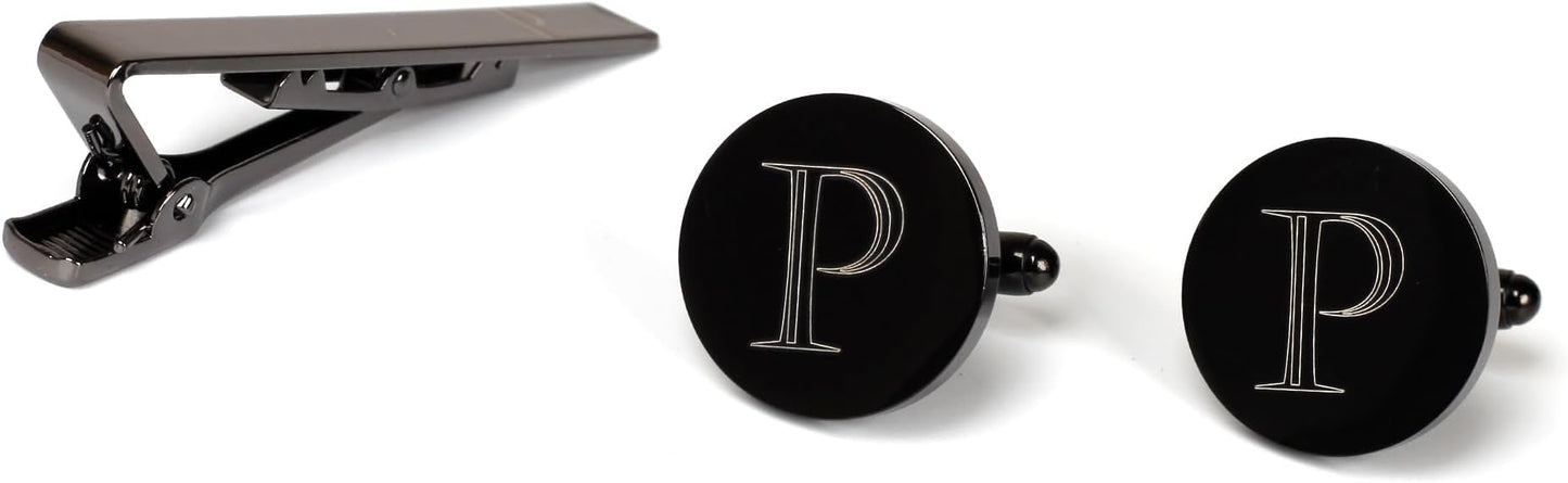 Mens Initial Cufflinks and Tie Clip A-Z Alphabet Letter Black Stainless Cuff Links Tie Bar with Engraved Walnut Wood Box Groom Groomsman Wedding Set