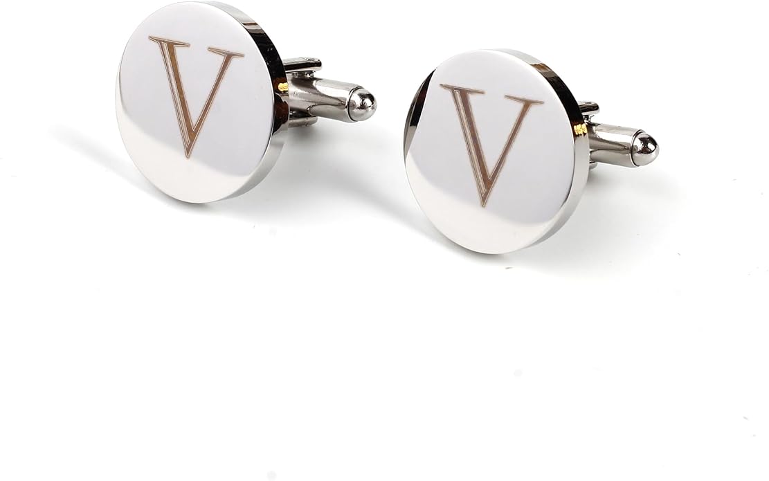 Mens Initial Silver Cufflinks A-Z Alphabet Letter Steel Cuff Links with Engraved Walnut Wood Box Groom Groomsman Wedding Set…