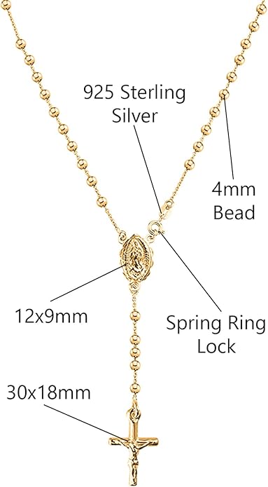 Savlano 925 Sterling Silver Italian Solid Bead Chain Cross & Rosary Virgin Mary Pendant -18K Gold Plated Y Necklace Comes With Gift Box for Women - Made in Italy