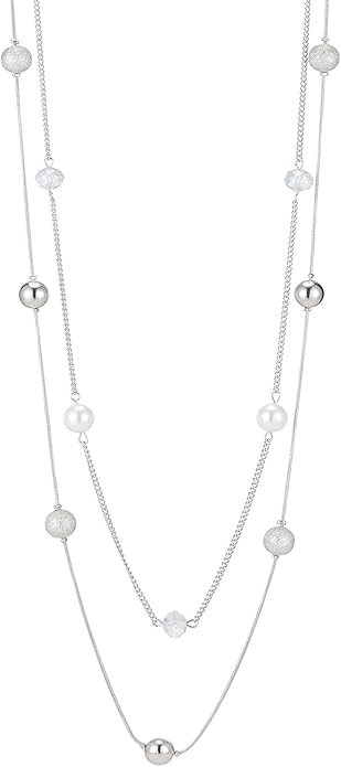 Silver Layered Long Necklace for Women Pearl Crystal Sweater Strand Chain Necklaces Fashion Gifts