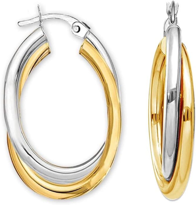 LeCalla 925 Sterling Silver Chunky Hoop Earrings | 14K Two-Tone Three-Tone Hoop Earrings | Intertwining Oval Shape Polished Twisted Hoop Earrings for Women