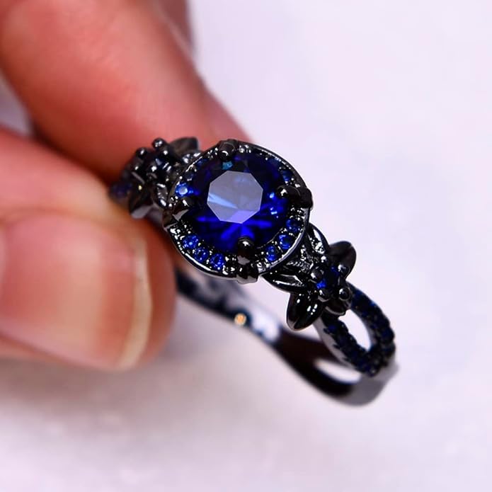 Gothic Black Rings for Women, Mystic Rainbow Topaz with Created Amethyst Flower Goth Black Gold Wedding Engagement Ring Size 6 to 11