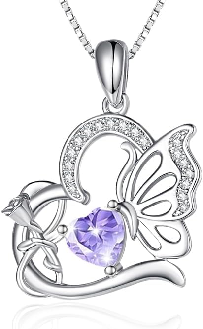 Birthstone Heart butterfly Necklace for Women, Infinity Pendant 14K Gold /18K White Gold Womens Necklaces, Jewelry Anniversary Birthday Christmas Gifts for Her Mom Wife﻿