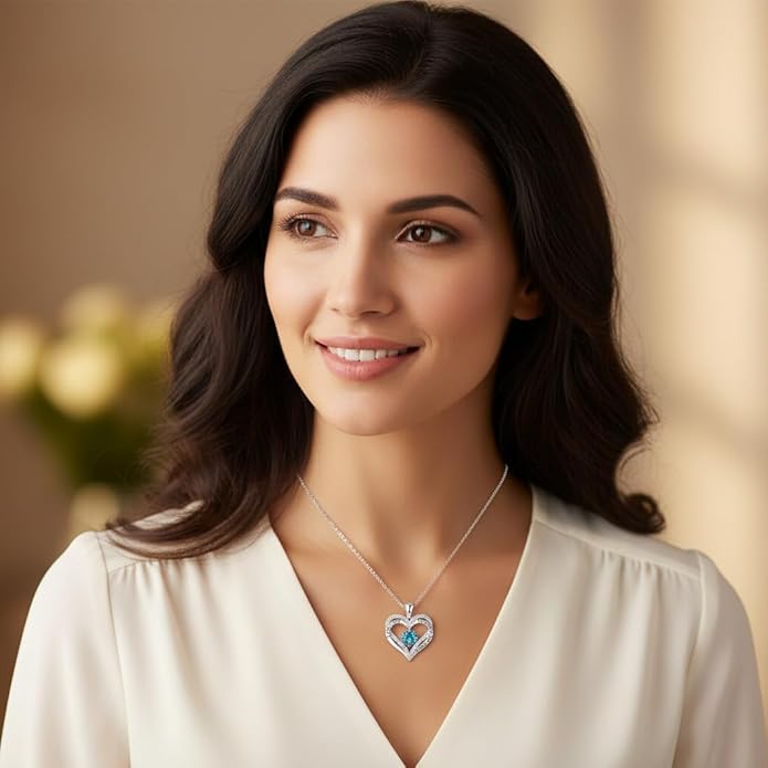 Birthstone Heart Necklace for Women Wife Girlfriend Mom Daughter Gifts S925 Silver Jewelry For Anniversary Rose Gold Gifts For Birthday Christmas Mothers Valentines Day
