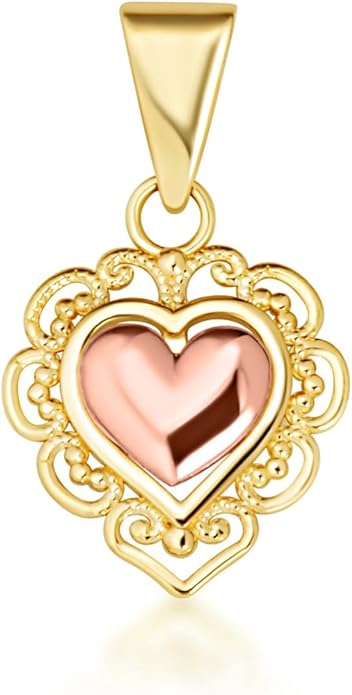 Claddagh Gold 10K or 14K Two-Tone Gold Heart Filigree Pendant Necklace Stud Earrings Set
