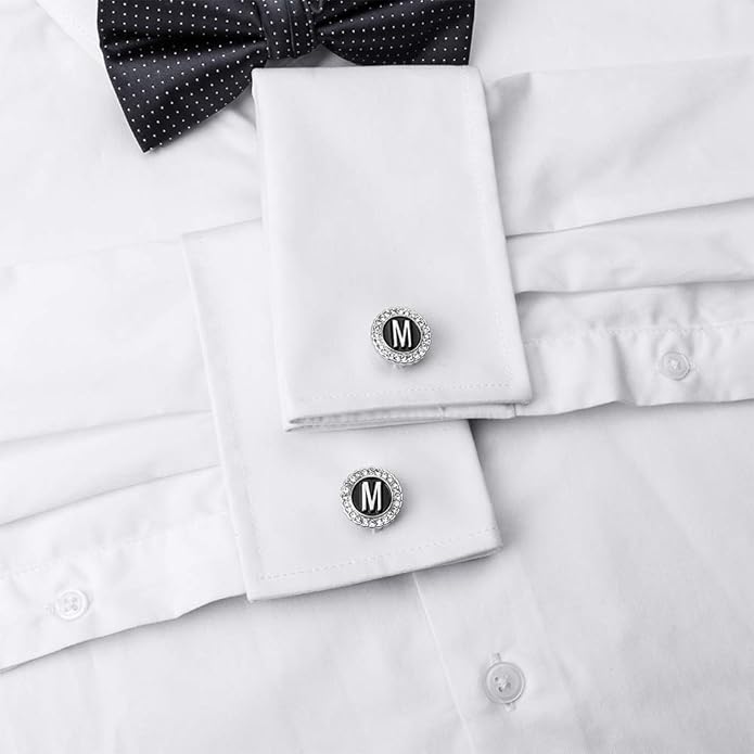 HAWSON A-Z Initial Cufflinks for Men and Women with Clear Crystal, Gold Silver Color Rasied Letter A-Z Cuff Links for French Shirt, Gift for Normal and Business Wearing