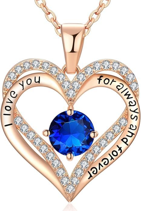 Birthstone Heart Necklace for Women Wife Girlfriend Mom Daughter Gifts S925 Silver Jewelry For Anniversary Rose Gold Gifts For Birthday Christmas Mothers Valentines Day