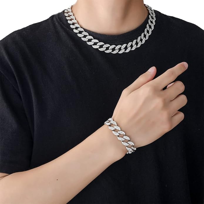EMESLY Miami Cuban Link Chain 14K Gold Plated Necklace (16, 18, 20, 22, 24, 30 Inches Length); Hip Hop Bracelet (8" Length) for Men & Women; Perfect Iced Out Bling Jewelry Gift