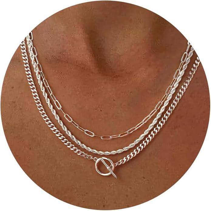 Gold Plated Necklaces for Women - Dainty Layered 14K Gold Plated Stack Paperclip Rope Cuban Toggle Link Chain Choker Necklace Set Chunky Trendy Jewelry Gift