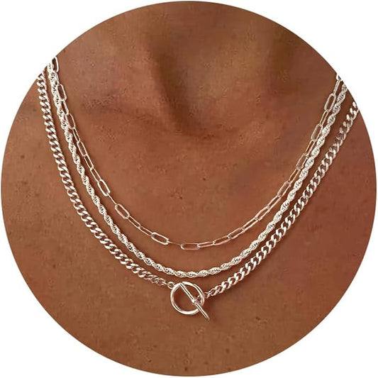 Gold Plated Necklaces for Women - Dainty Layered 14K Gold Plated Stack Paperclip Rope Cuban Toggle Link Chain Choker Necklace Set Chunky Trendy Jewelry Gift