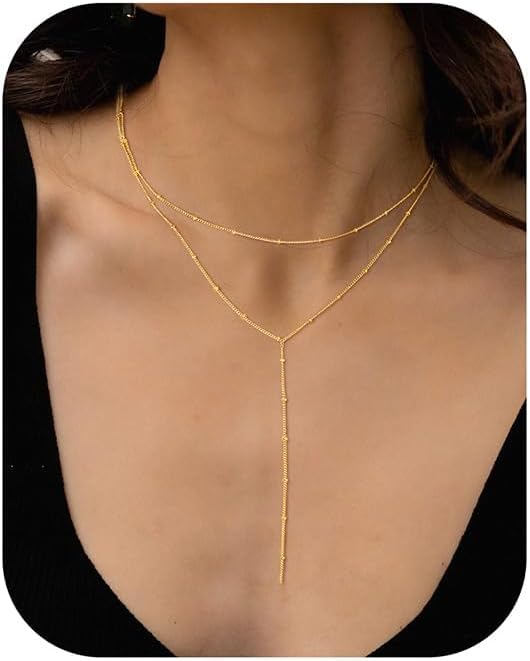 Ursteel Dainty Lariat Necklace for Women, 14K Gold Plated Y-Shaped Long Necklace Layered Drop Necklaces Pearl Cross Clover CZ Charm Necklaces for Women Christmas Jewelry Gifts Stocking Stuffers