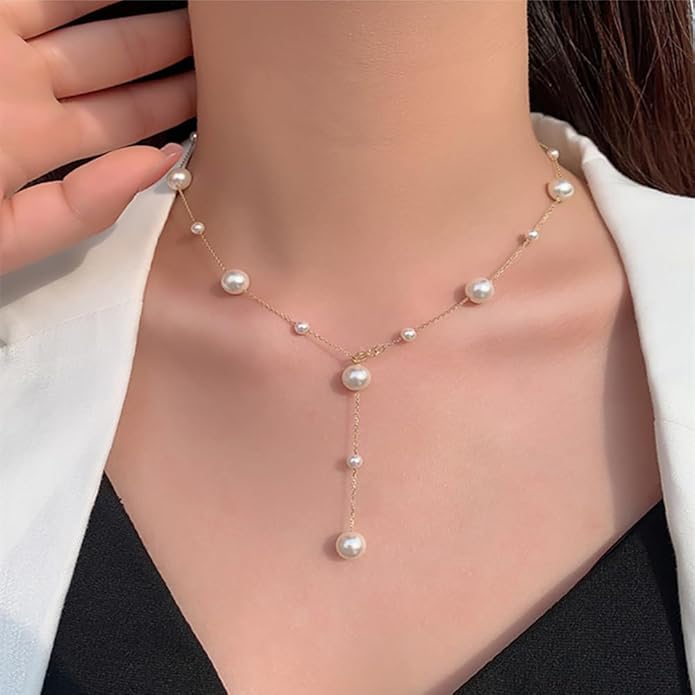 Boho Pearl Y Shape Necklaces for Women, Dainty 14k Gold Plated Pearl Beaded Chain Choker Necklace Trendy Jewelry Accessories Gift