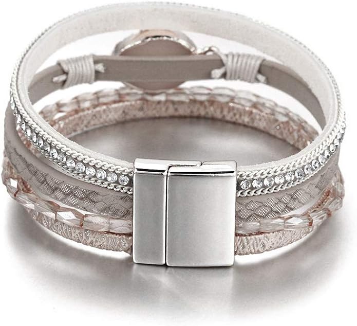 Fesciory Leopard Bracelet for Women, Boho Leather Wrap Multi-Layer Pearl Crystal Bracelet Bangle Jewelry